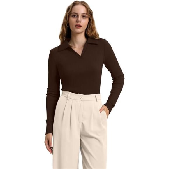 ✨ Ribbed Knit Collared Polo Top | Long Sleeve Slim Fit Sweater - Picture 2 of 4